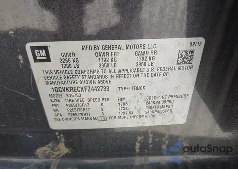 2015 Chevrolet Silverado 1500 1Lt из США, поврежденный, VIN 1GCVKRECXFZ442733